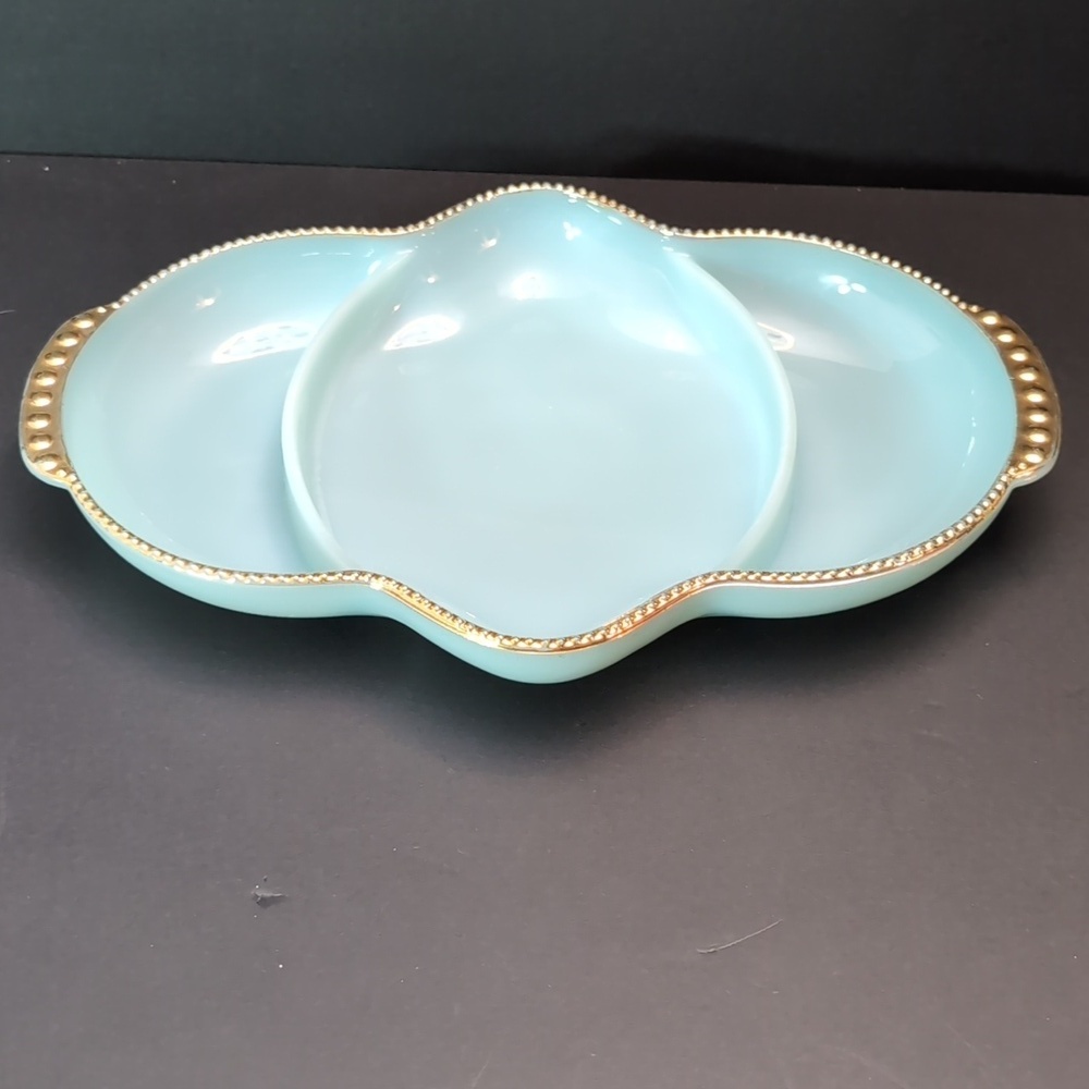 Vintage Fire king Delphite Blue Milk Glass Divided Tray with Gold Trim.